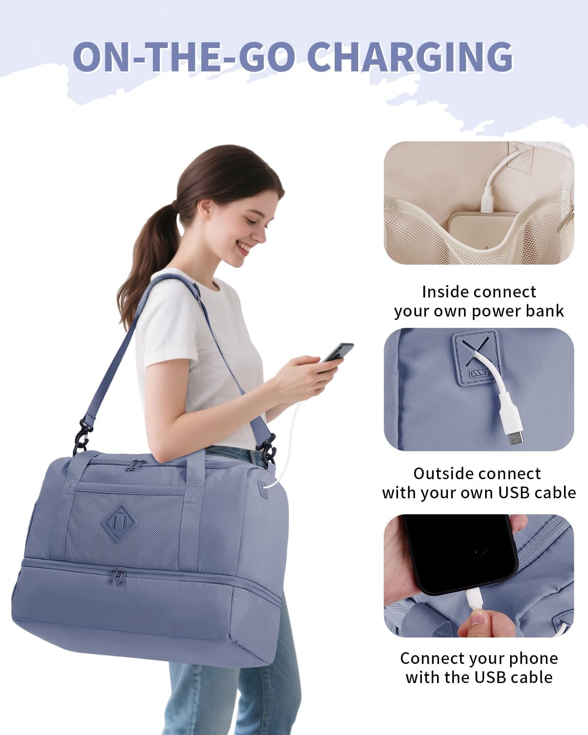 WANDF Travel Duffel Bag with Wet Pocket & Shoe Compartment, 18x14x8 Personal Item Bag with USB