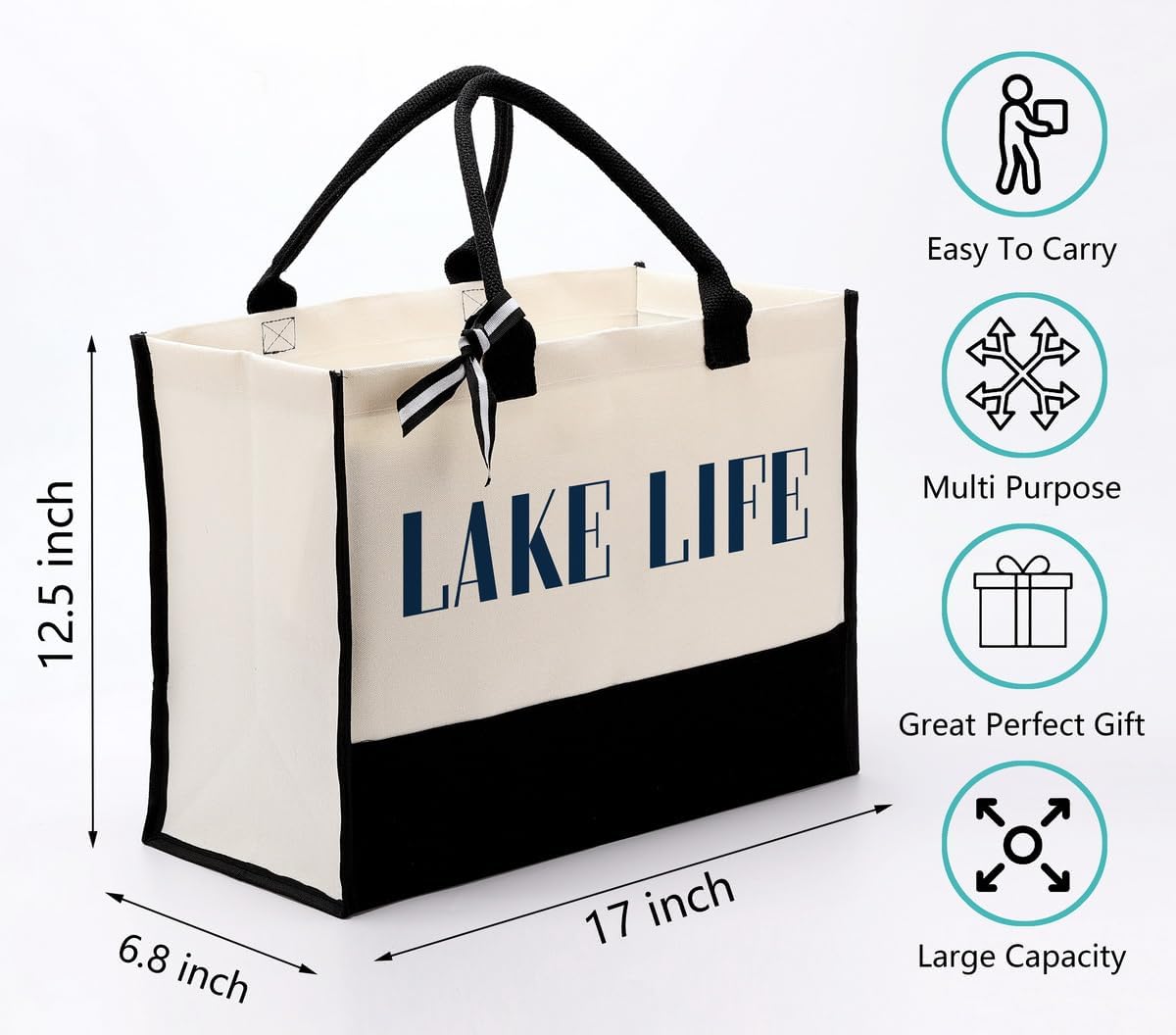 EDCTO Canvas Tote Bag, Cotton Canvas Tote Bag, Lake Trip Bag, Birthday Gifts for Women Friend Her, Canvas Tote Bags for Lake Life Lover, Canvas Beach Tote for Boating Weekend Holiday Overnight Travel