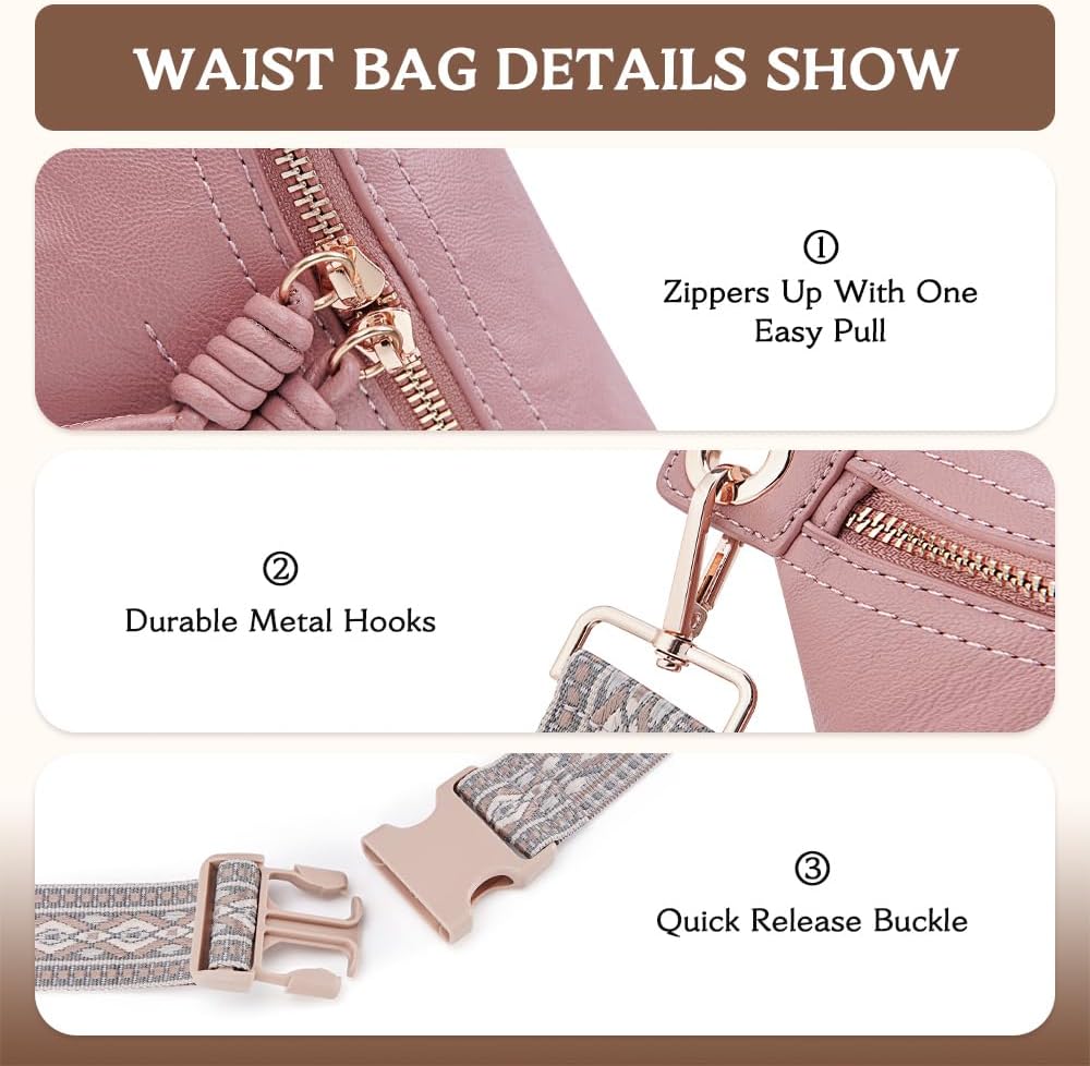 HKCLUF Fanny Pack Crossbody Bags for Women Pu Leather Belt Bag Waist Pack Causal Chest Bum Bag With 2 Straps