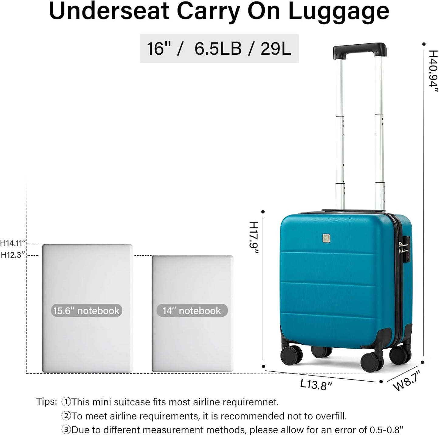 Hanke 16 Inch Underseat Carry On Luggage with Wheels Hard Shell Mini Small Suitcases Carry On Bag