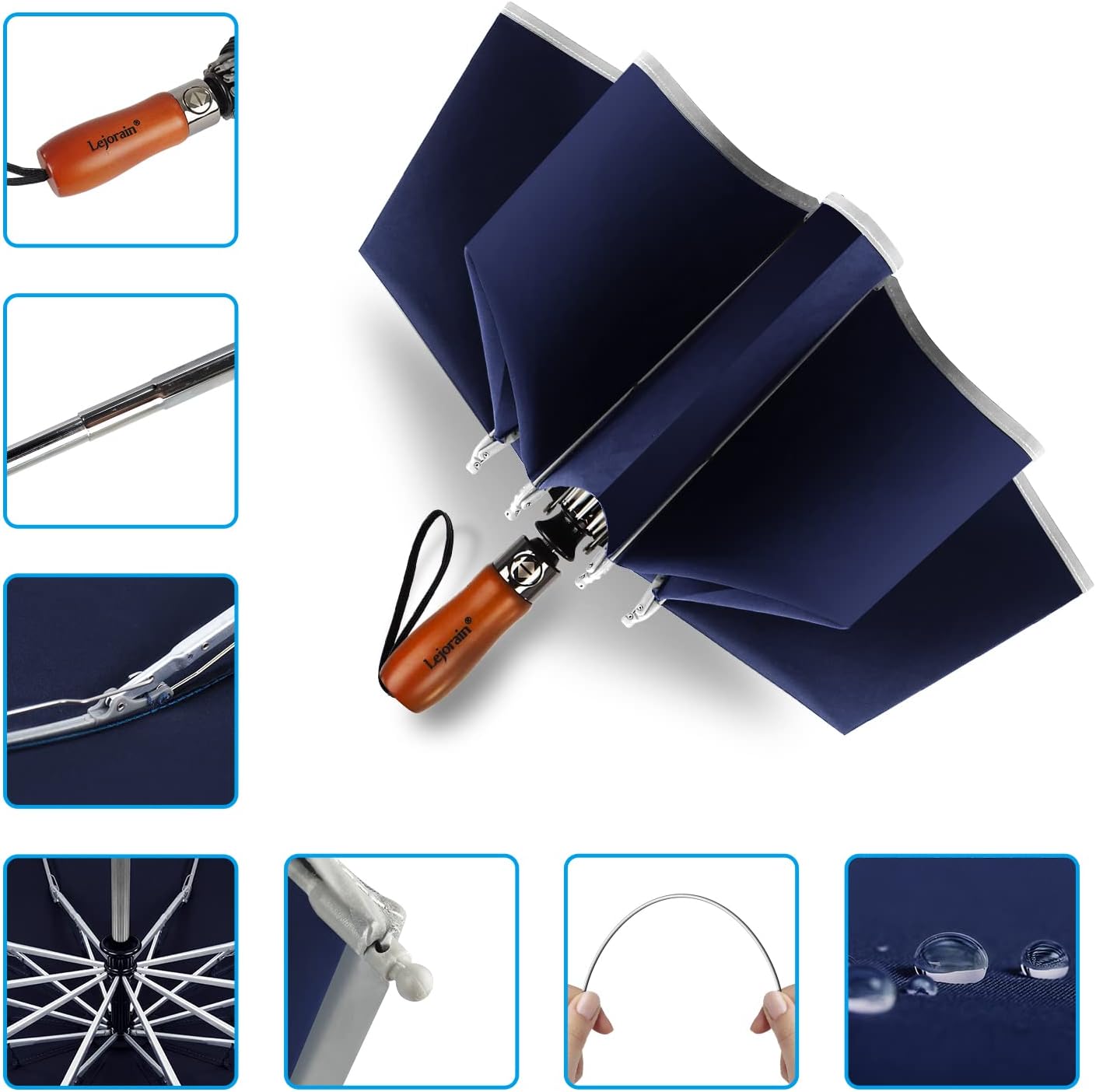 Lejorain Golf Large Inverted Umbrella - Black Big Windproof Heavy Duty Upside Down 46/50/54 Inch Compact Reverse Car Automatic Folding Reflective Umbrella