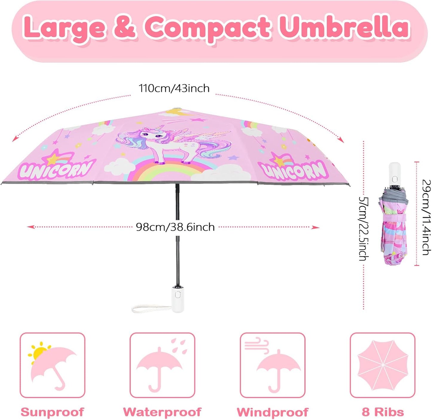 Autoamtic Kids Umbrella UV Resistant, Folding Compact Umbrella 360° Reflective Strip for Travel Outdoor, Lightweight Cute Kids Parasol Anti-rebound Safe for Toddler