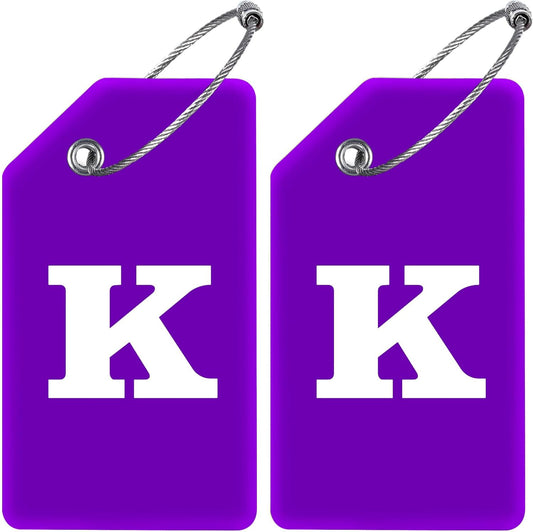 Gostwo 2 Pack Silicone Luggage Tags for Suitcases, 26 Initial Letter Baggage Labels Handbag School Bag Suitcase Instrument Tag with Stainless Steel Loop(Purple) (Letter K)