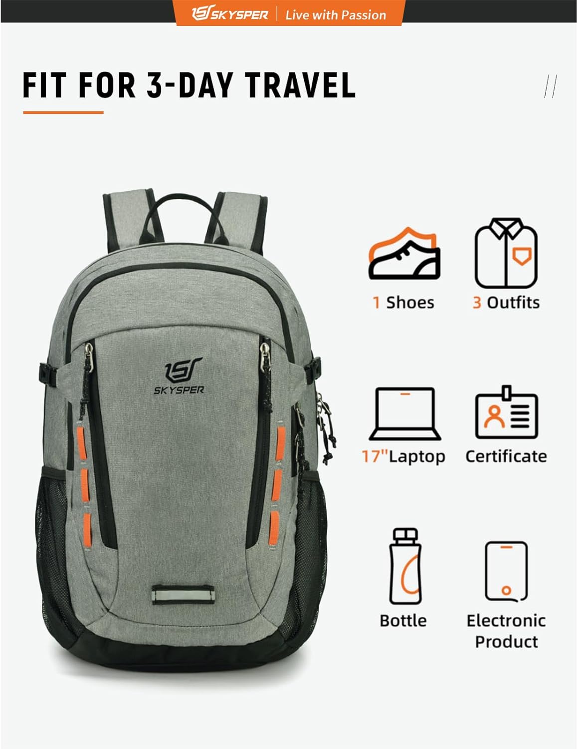 SKYSPER Hiking Backpack 30L Lightweight Travel Backpack Hiking Day Pack for Men Women(Grey)