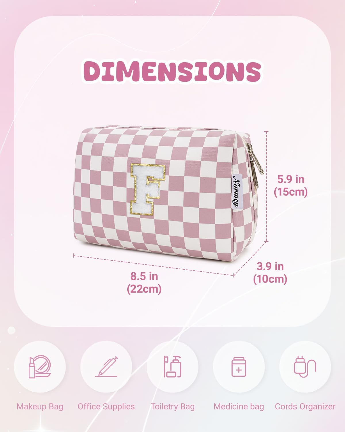 Narwey Birthday Gifts for Teen Girls Kids Women Personalized Initial Checkered Makeup Bag Pink Monogram Cosmetic Bag Trendy Stuff 6 8 10 11 12 13 14 16 18 Years Old Travel Toiletry Bag (Dusty Rose F)