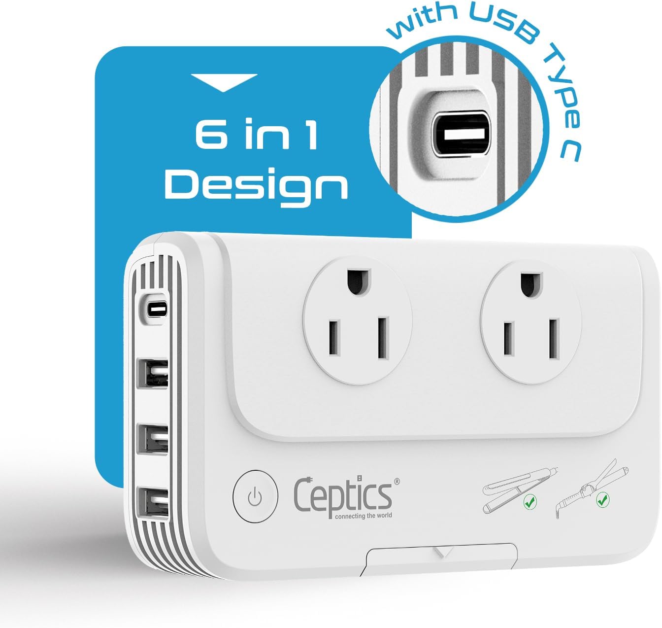 Ceptics European Travel Voltage Converter, 200W Adapter for Curling Iron, Straightener, Charger, Step Down World Power Plug - 4 USB PD 18W Fast Charging - SWadApt Compatible - Type C, E/F, G Included