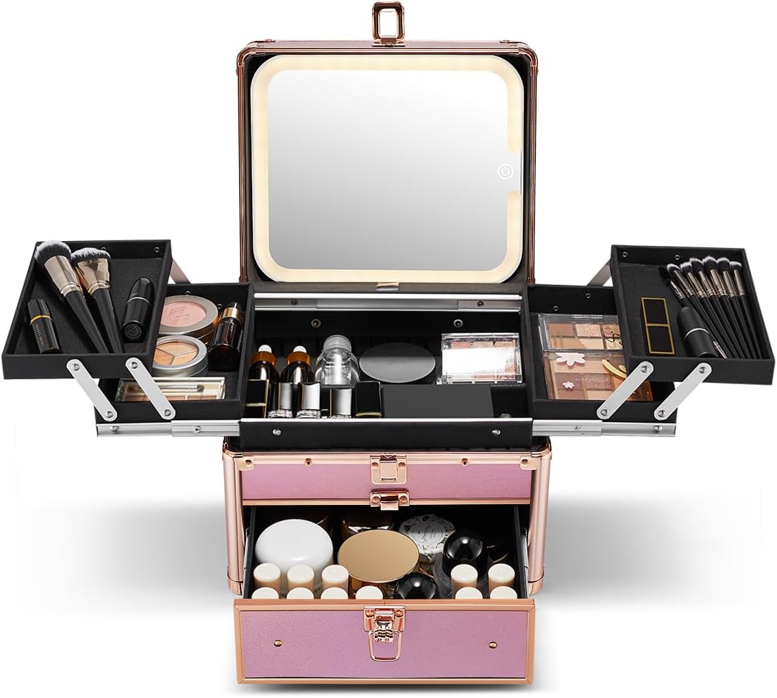 Qislee Makeup Box with Drawer and Four Trays, A Detachable Lighted Mirror, Waterproof Travel Train Case, Cosmetic Organizer and Makeup Suitcase with Magnetic LED Mirror(Sparkling Gradient Pink)