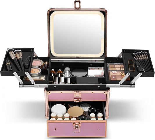 Qislee Makeup Box with Drawer and Four Trays, A Detachable Lighted Mirror, Waterproof Travel Train Case, Cosmetic Organizer and Makeup Suitcase with Magnetic LED Mirror(Sparkling Gradient Pink)