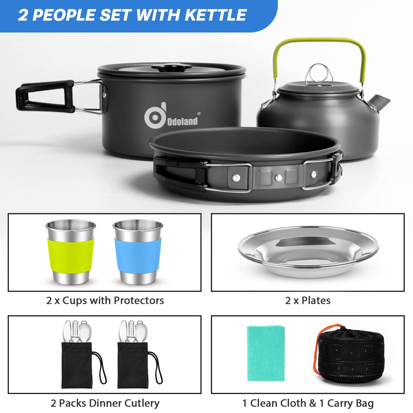 Odoland 15pcs Camping Cookware Mess Kit, Lightweight Pot Pan Kettle Set