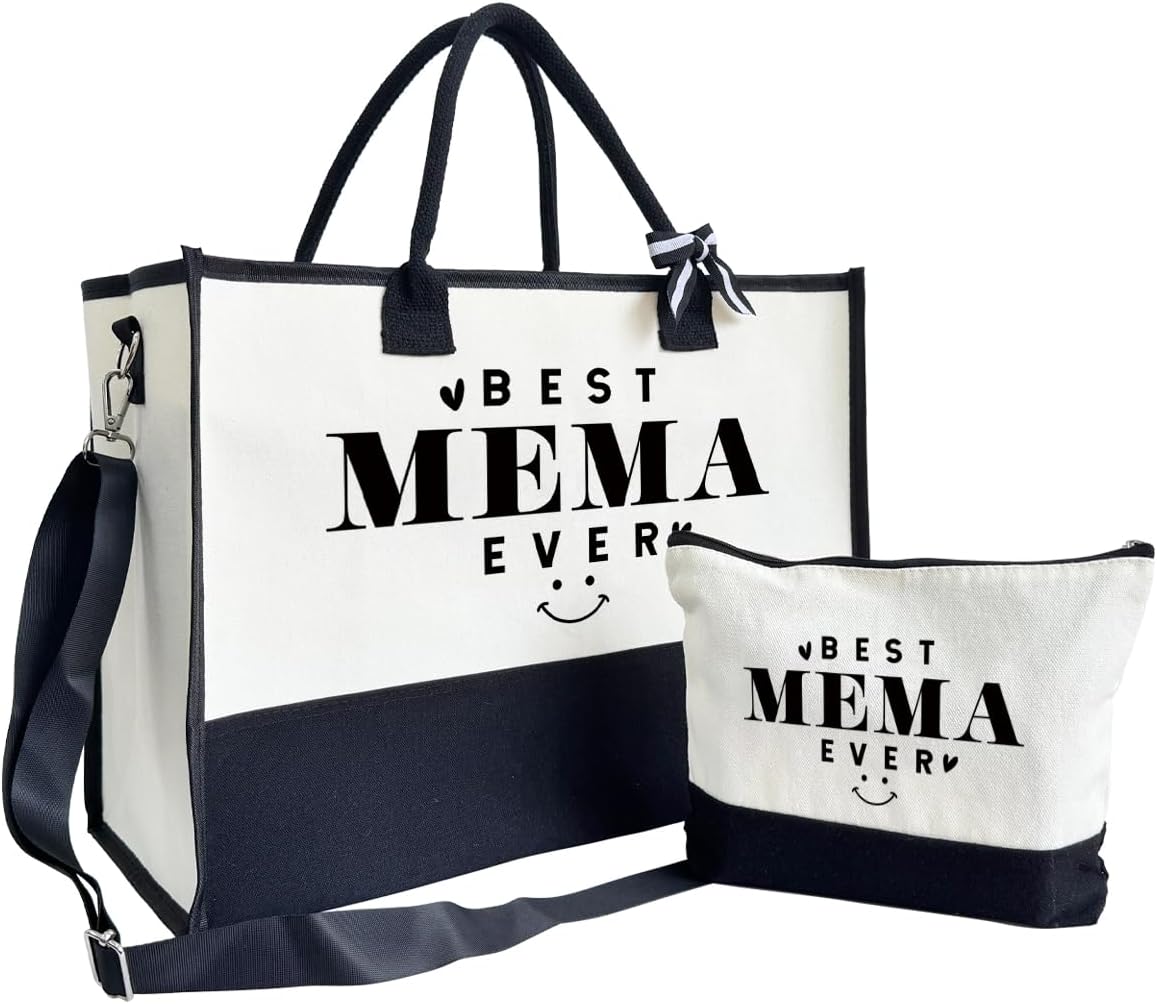 Gift for Best Mema Ever, Large Canvas Beach Bag with Inner Pocket and Makeup Pouch, Reusable Travel Outing Shoulder Bag for Women, Birthday Gift or Mother’s Day Present for Mema and Grandma