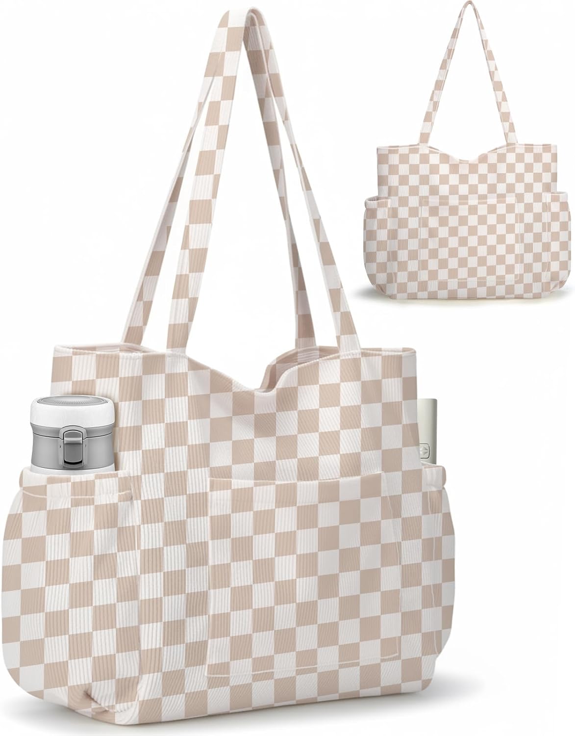 Corduroy Tote Bag for Women,Large Capacity Cute Tote Bags With 6 Pockets,Crossbody Shoulder Handbag