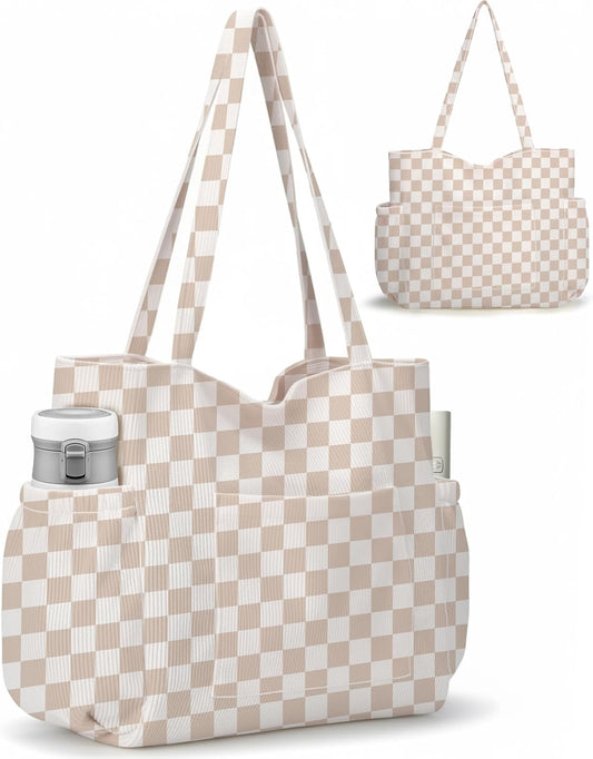 Corduroy Tote Bag for Women,Large Capacity Cute Tote Bags With 6 Pockets,Crossbody Shoulder Handbag for Work Travel Gym