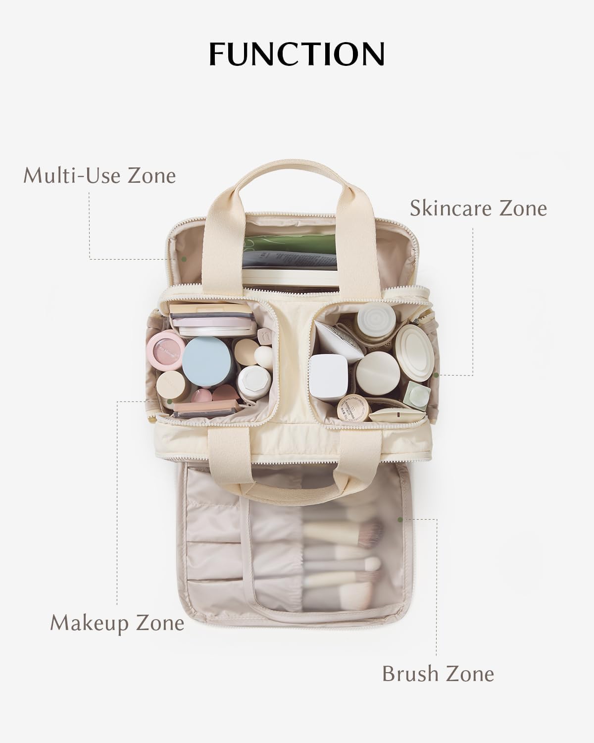 EACHY Travel Toiletry Bag, Puffy Cosmetic Makeup Organizer with Handle, Lightweight Large Wide-Open Travel Bags for Women, Essentials Accessories Toiletries (Beige)