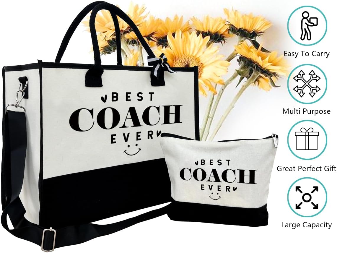 SUSZDOU Gifts for Best Coach Ever - Canvas Beach Tote Bag with Matching Makeup Pouch, Durable Travel Gym Camping Bag, Thank You Gift for Sports Coach, Female Trainers Gifts for Women