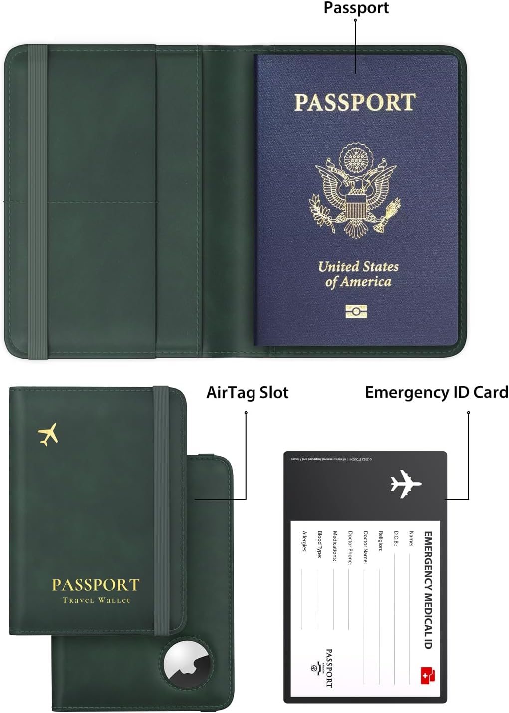 Stouchi Passport Holder with Airtag Slot, Airtag Passport Wallet for Men, Slim Leather Passport Holder Case Family for Travel Anti-Lost, Green