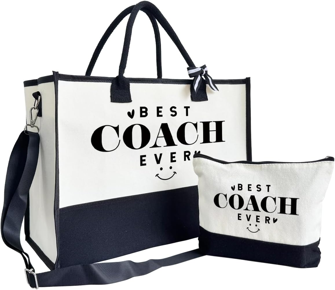 SUSZDOU Gifts for Best Coach Ever - Canvas Beach Tote Bag with Matching Makeup Pouch, Durable Travel Gym Camping Bag, Thank You Gift for Sports Coach, Female Trainers Gifts for Women