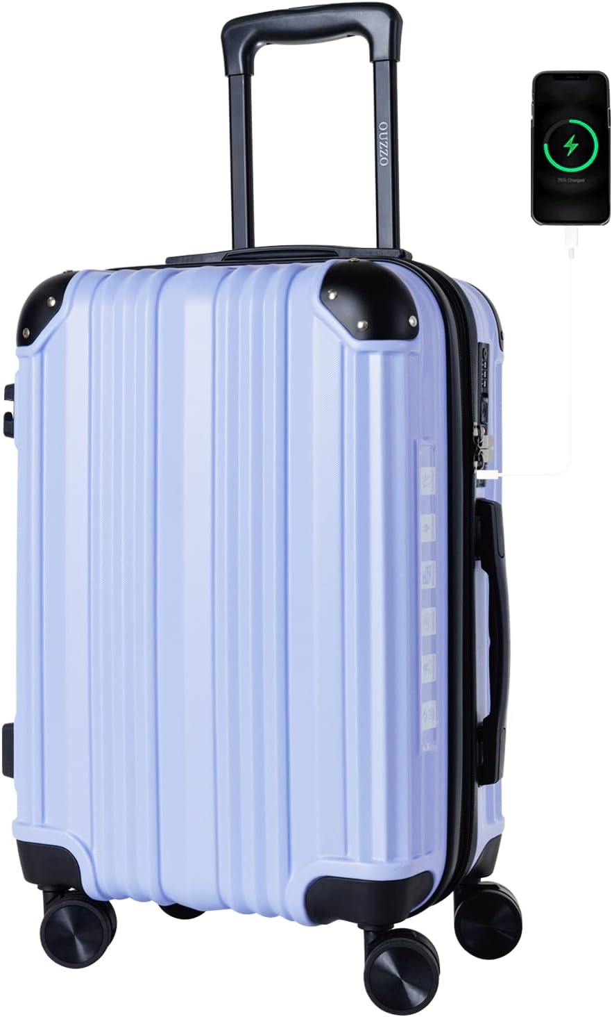 OUZZO 20 Inch Carry On Luggage with USB Port, 22x14x9 Airline Approved, Hardshell Expandable Suitcase with Spinner Wheels, TSA Lock, Corner Protectors, Travel Luggage for Business & Plane – Purple