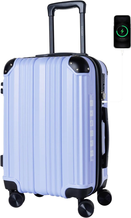 OUZZO 20 Inch Carry On Luggage with USB Port, 22x14x9 Airline Approved, Hardshell Expandable Suitcase with Spinner Wheels, TSA Lock, Corner Protectors, Travel Luggage for Business & Plane – Purple