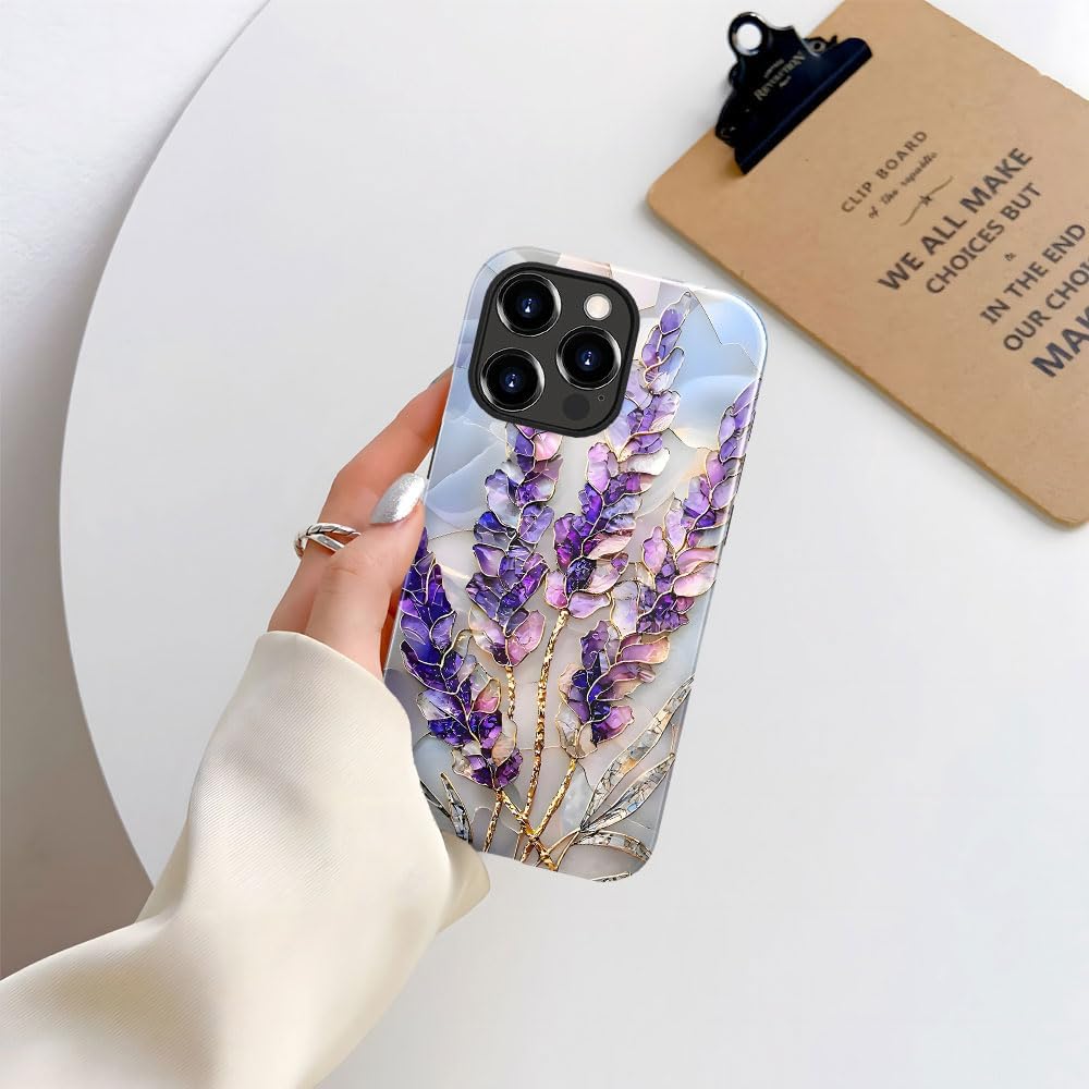 Case for iPhone 13 Pro Max - Slim Fit Anti-Scratch Phone Case for Girl Women - Lavender Stained Glass Purple Floral (Glossy)