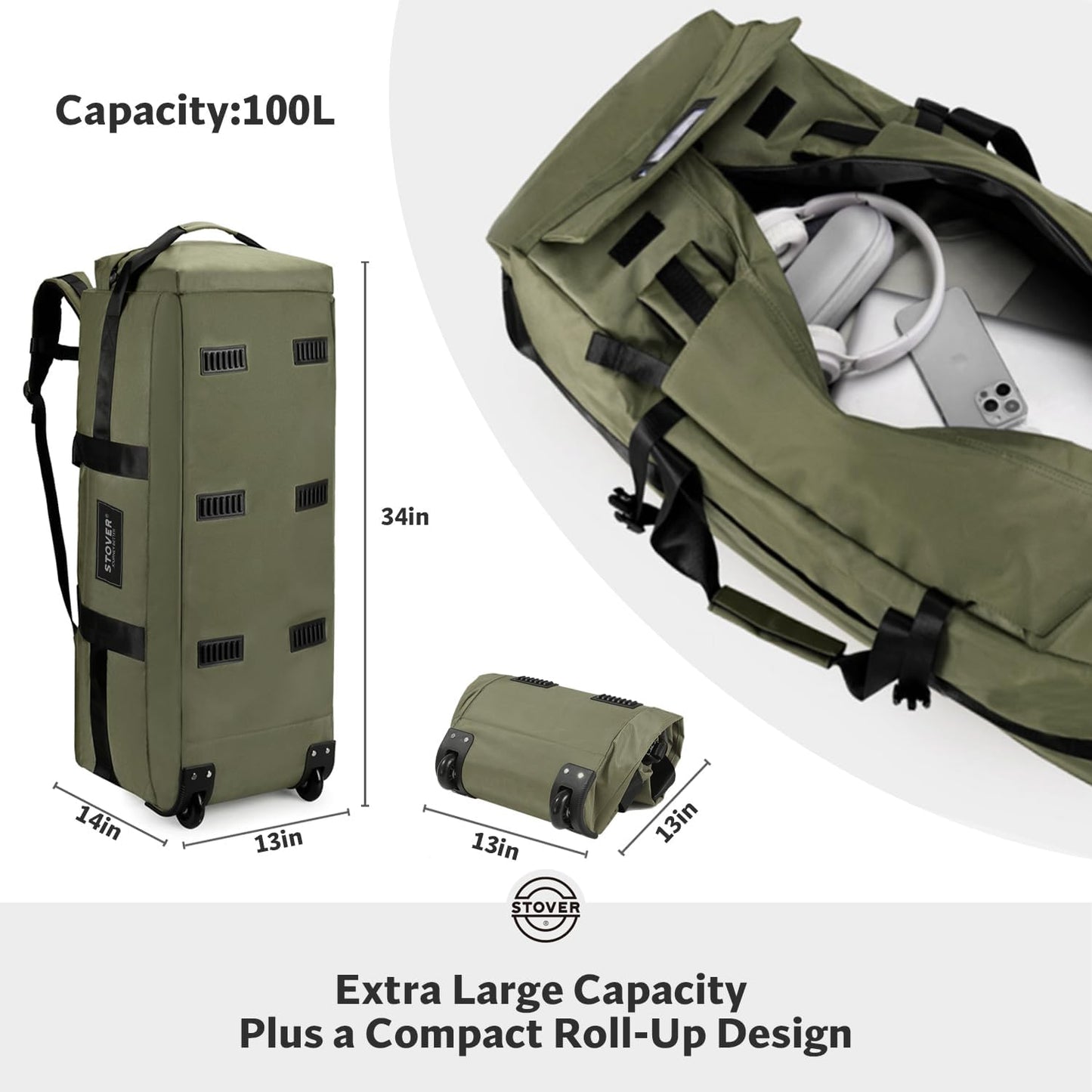 STOVER 100L Rolling Duffel Bag with Wheels, X-Large Durable Travel Duffle + Toiletry Bag, Heavy Duty, Packable with Shoulder Straps- Use as Luggage or Backpack, Men/Women (Green)