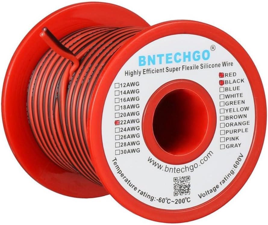 BNTECHGO 22 Gauge Flexible 2 Conductor Parallel Silicone Wire Spool Red Black High Resistant 200 deg C 600V for Single Color LED Strip Extension Cable Cord,Model,50ft Stranded Tinned Copper Wire