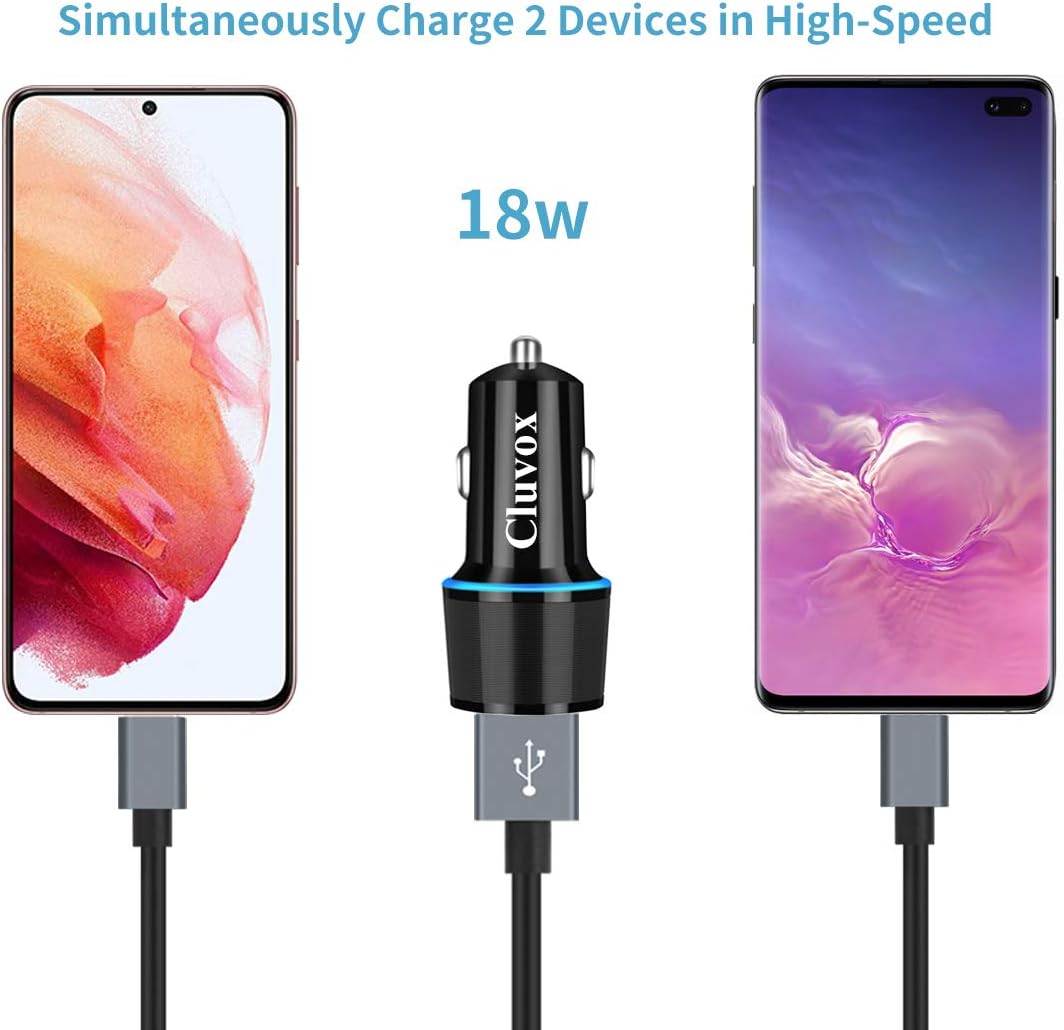 Fast USB Car Charger for Samsung Galaxy A55/A54/A53/A50/A15/A14/S25/S24/S23/S22/S21 Plus/Ultra/S10/S9/S8/Note 20/A10S/A21/A31/A51 Quick Charge 3.0 Dual USB Rapid Car Charger with Type C Cable 3.3ft