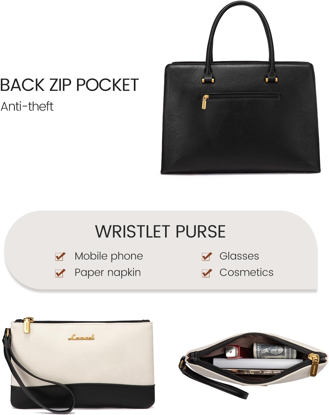 LOVEVOOK Laptop Tote Bag For Women Work, Vintage Leather Computer Bags For Laptops For Women, Waterproof Laptop Bag Business Briefcase Office Large Shoulder Handbag Purse, 17.3 Inch, Black-Beige