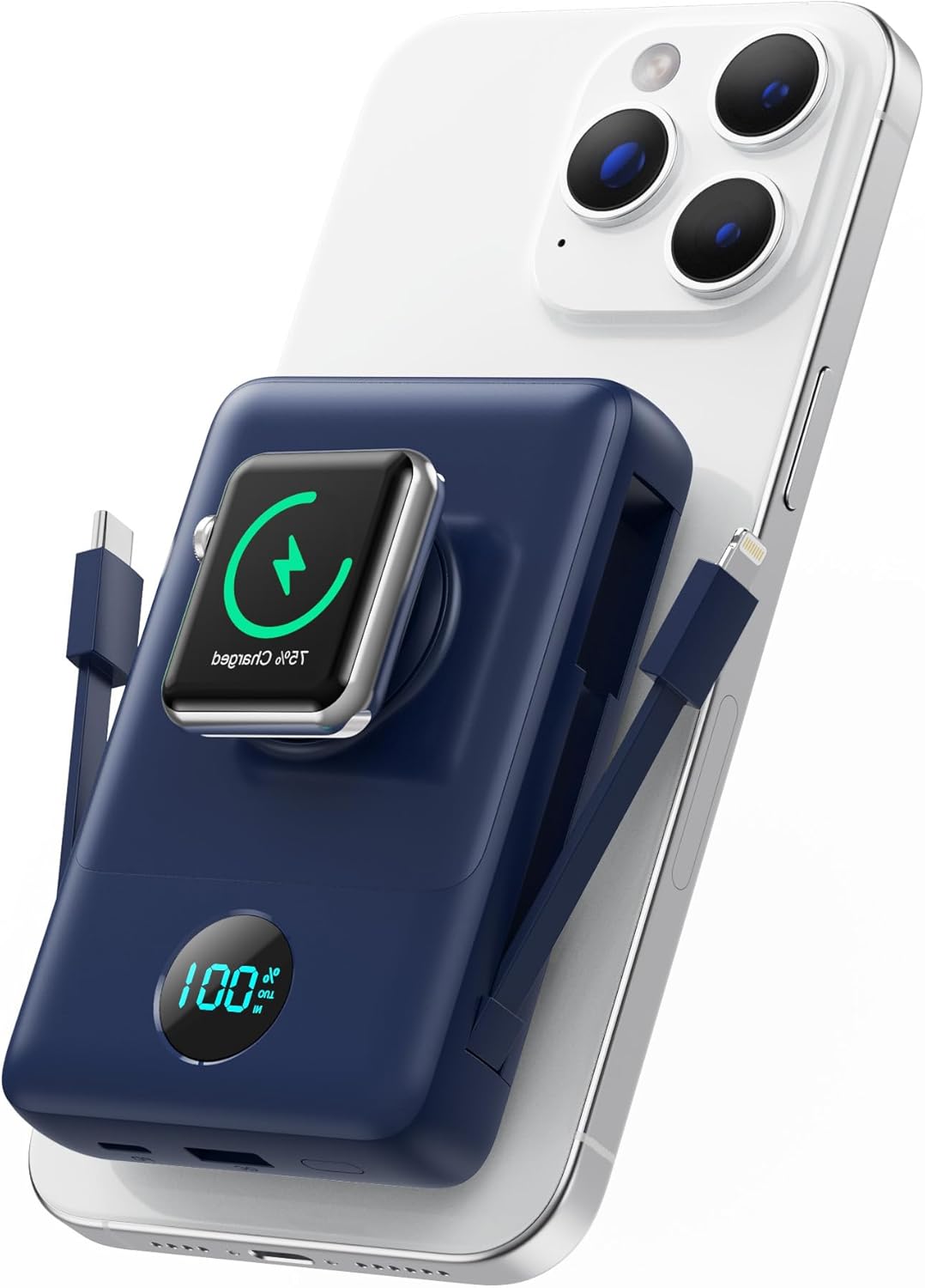 Magnetic Portable Charger for iPhone with Built-in Cables, 6-in-1 10800mAh Power Bank with iWatch Charger & LCD Display,25W Fast Charging Battery Pack for iPhone 17/16/15/14/13/12,Apple Watch (Blue)