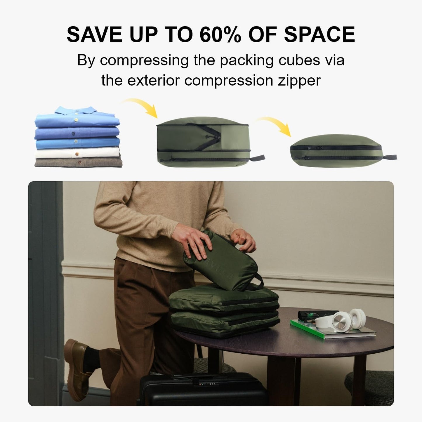 LEVEL8 Compression Packing Cubes for Suitcase, 6 Set Travel Bags with Shoe Organizer, Packing Organizers Travels Accessories in 4 Sizes (Extra Large, Large, Medium, Small), Green