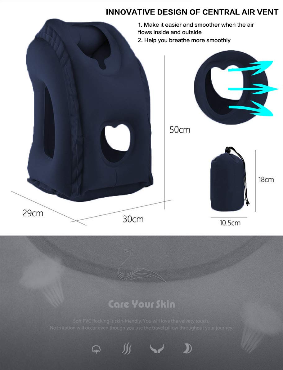 Kimiandy Inflatable Travel Pillow for Airplane, Inflatable Neck Air Pillow for Sleeping(Blue)