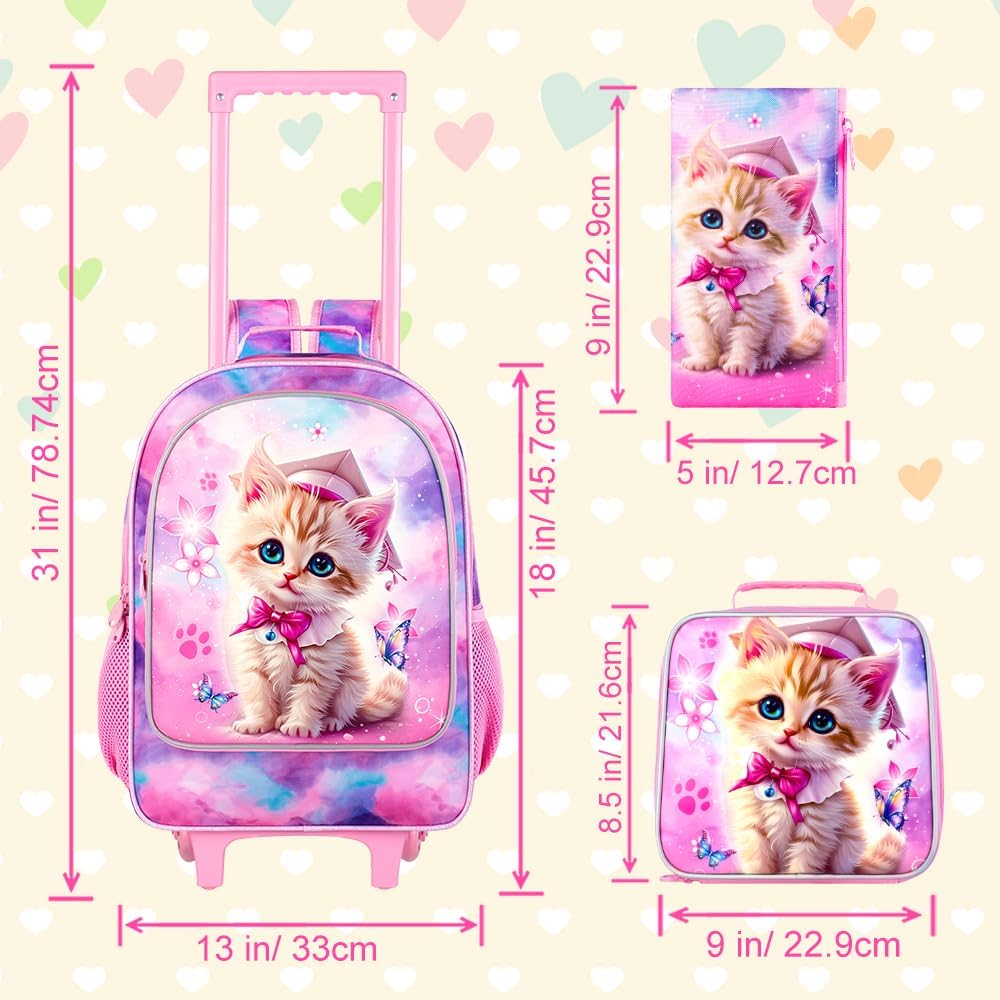 3PCS Rolling Backpack for Girls and Boys, Kids Roller Wheels Bookbag, Wheeled Elementary School Bag with Lunch Bag