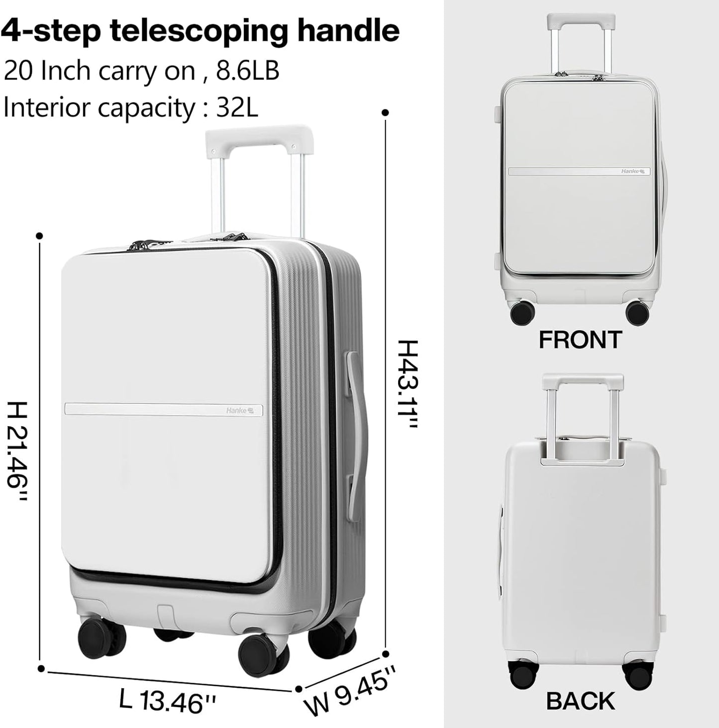 Hanke 20 Inch Carry On Luggage Airline Approved Hard Shell Suitcases with Wheels & Front Pocket Travel Luggage Lightweight Carry On Suitcase for Travel Rolling Luggage(Grayish white)