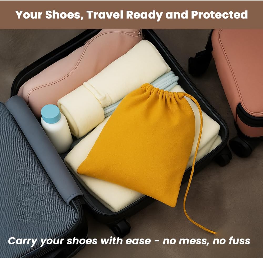 LFH Cotton Rich Shoe Storage Bags with Drawstring, Dustproof Breathable Reusable Organizer, Perfect For Travel, Dorm, Hotel, College, Gym, Easy to Carry, Machine Washable 8"x17" (Pack of 4) - Golden