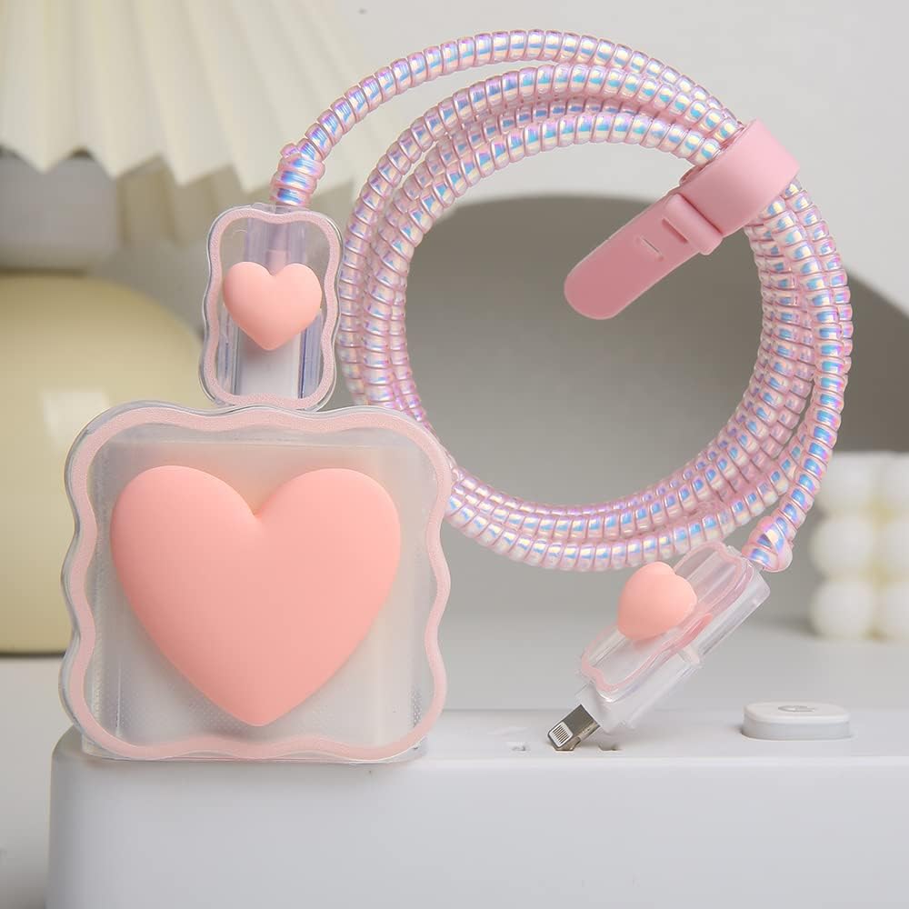 Compatible with iPhone 18W/20W USB-C Charger Cover Lovely 3D Love Heart Waves Clear Soft Charger Protector Cute Cable Saver for iPhone 11 12 13 14 Pro Max Fast Power Adapter, Pink 1 (5in1)