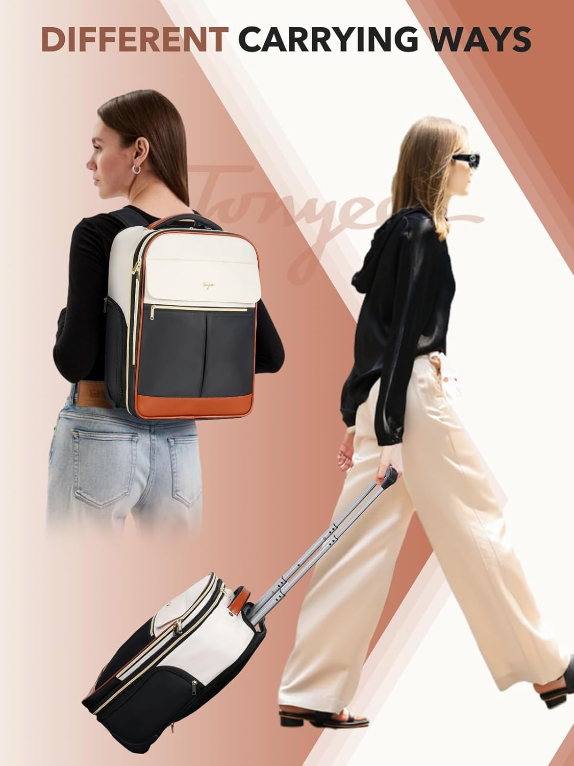 Rolling Backpack for Women, Large Travel Backpack with Wheels Carry on Flight Approved, 17 Inch Laptop Wheeled Roller Bag Suitcase Luggage for Work Bussiness Weekender (Beige,L Underseat Size)