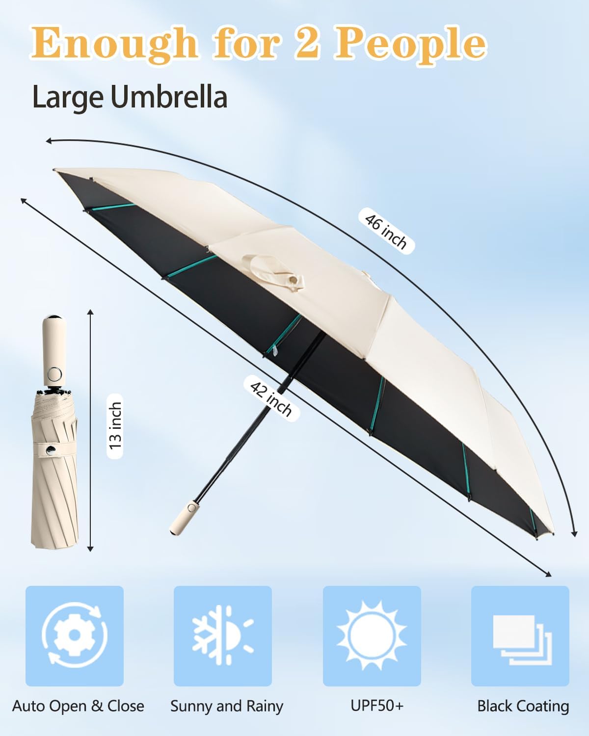Large Double-Ribs Umbrella Automatic Folding Umbrella for Women Men, Travel, UPF 50+ UV Protection,46-Inch, 12 Ribs, Light Green
