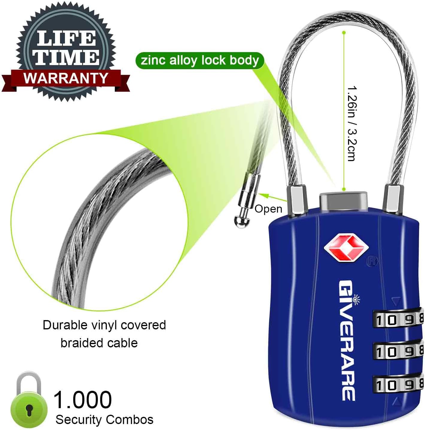 GIVERARE 2 Pack TSA Approved Luggage Locks, Combination Travel Cable Lock, Re-settable 3-Digit
