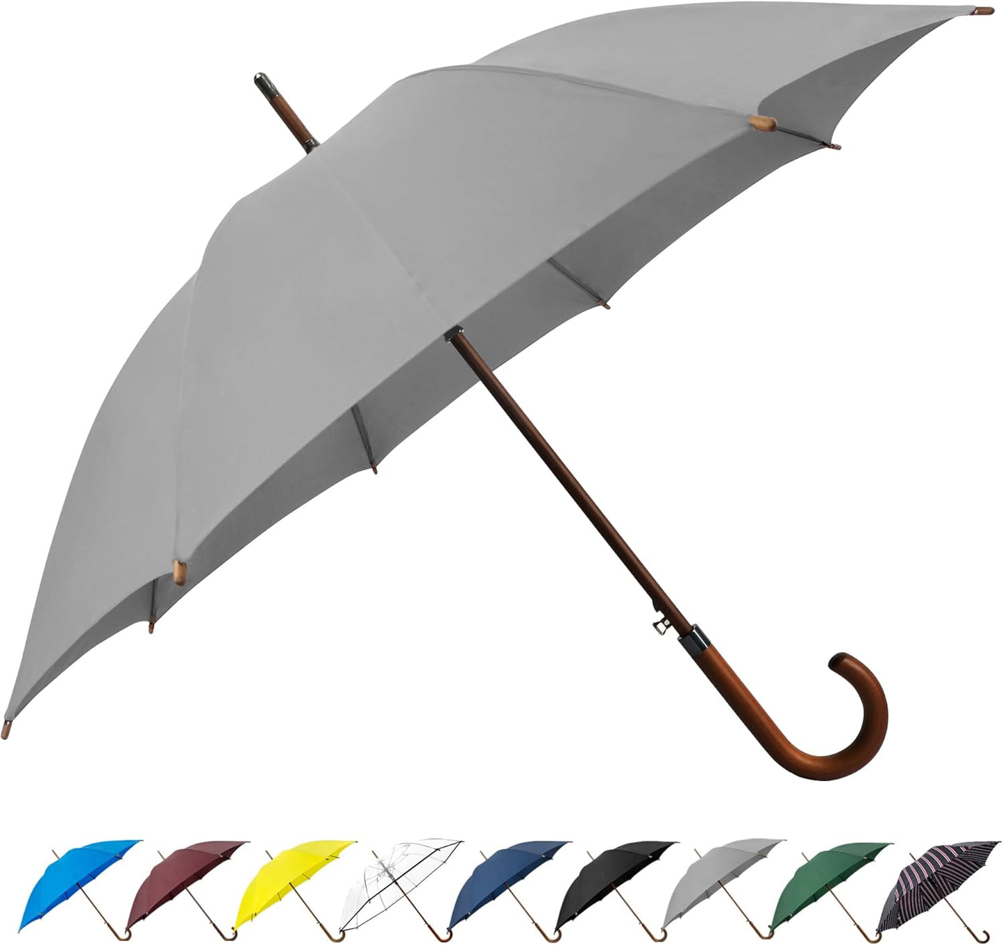 SoulRain 48" Large Umbrella –Windproof Stick Umbrellas for Rain, Automatic Open, Vintage Cane Grey big Umbrella with Classic Wooden Handle,Open for 2 Persons adult,for Women & Men(Grey)