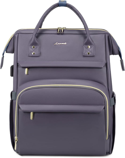 LOVEVOOK Leather Laptop Backpack for Women 18 inch,Travel Backpack Purse Nurse Teacher Backpack Computer Laptop Bag,Professional College Business Work Bags Carry On Backpack with USB Port,Grey Purple