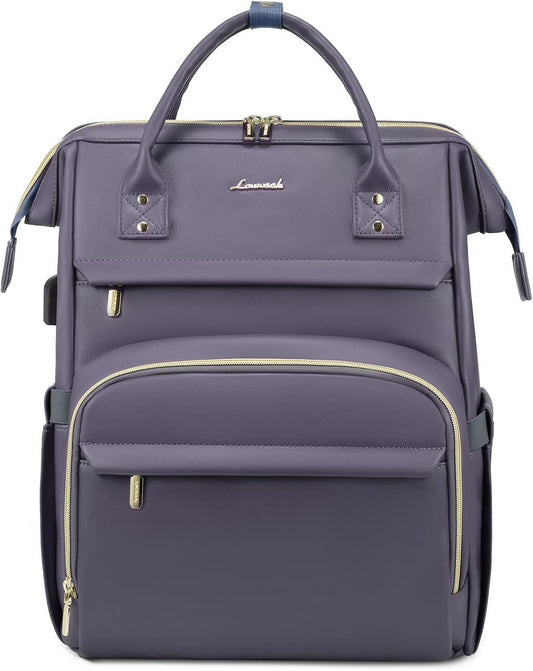 LOVEVOOK Leather Laptop Backpack for Women 15.6 inch,Travel Backpack Purse Nurse Teacher Backpack Computer Laptop Bag,Professional College Business Work Bag Carry On Backpack with USB Port,Grey Purple