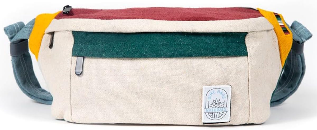 Dime Bags Oversized Fanny Pack, 100% Nepali Hemp Crossbody Waist Bag for Men & Women, Adjustable Strap, Multiple Pockets, Eco-Friendly Festival & Travel Bag,Boho & Neutral Colors, Reveller(Boho Cream)