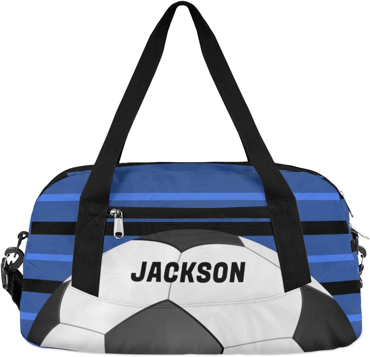 Soccer Ball Custom Name Kids Overnight Duffel Bags Boys Blue Stripe Personalized Sport Gym Bag Customized Duffel Bag for Travel Weekender Practice Gymnastics