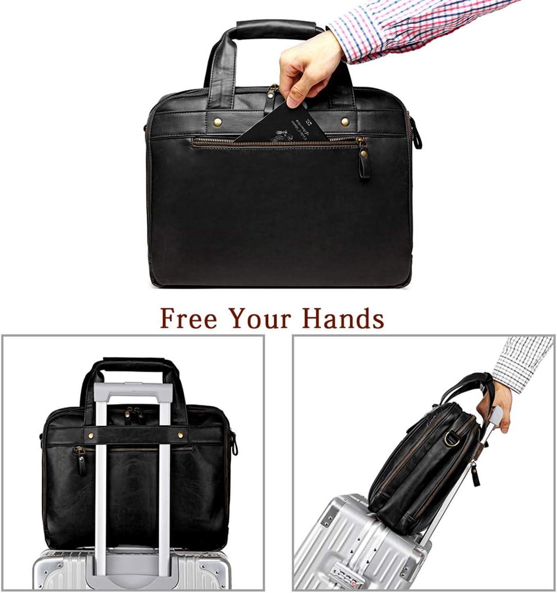 Bosidu Leather Briefcases for Men 15.6 Inch Laptop Messenger Bag with Triple Compartments Water-Resistant Computer Shoulder Bag for Business, Travel, Work, Office, Black