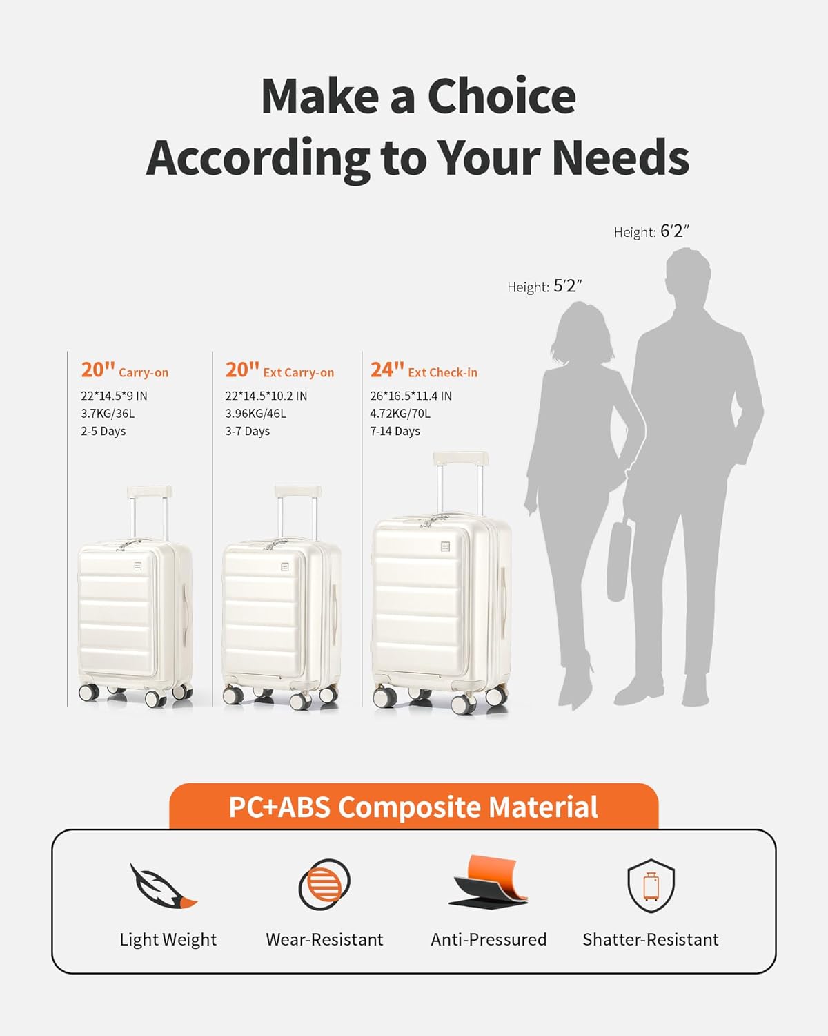 24 Inch Expandable Luggage Check In - Front Pocket Hardside Travel Suitcase Unbreakable -with Cup Holder,USB Charge,Side Pothook, 360°Spinner Wheels, TSA Lock, White