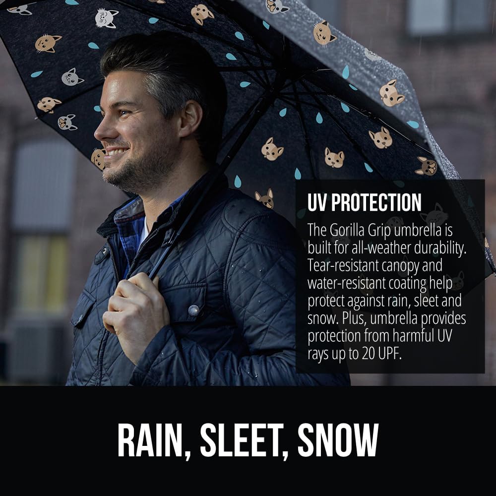 GORILLA GRIP Strong Windproof Stick Compact Umbrella for Rain, One-Click Automatic Open and Close