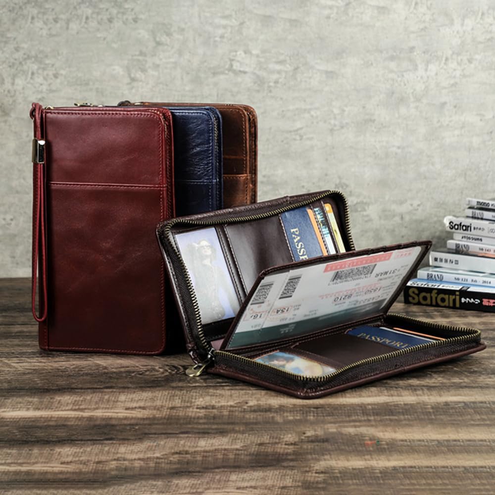 Unisex Genuine Leather Wallet Large Capacity RFID Blocking Passport Holder with Multiple Card Slots (Blue)