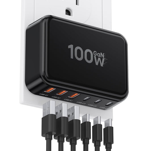 Fast Charger Block, GaN 6 Port USB C Charging Station Hub Cube, 100W Multiport Type C Wall Charger Power Strip Plug with PD 3.0+QC for iPhone 13 14 15 16 17 Pro Max XR XS 8 7, Samsung, iPad, Table
