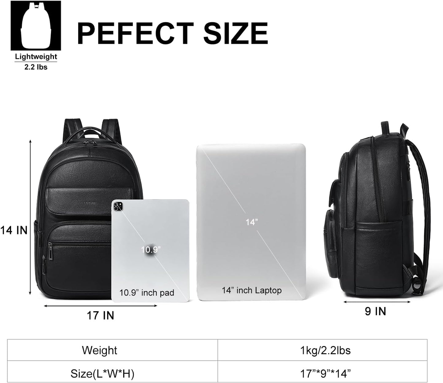 37L Backpack Purse for Women Men for Work Travel Back Pack Laptop Purses Vegan Leather Fashion College Daypack Black