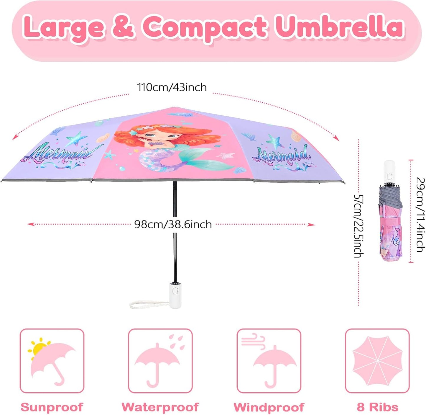 Autoamtic Kids Umbrella UV Resistant, Folding Compact Umbrella 360° Reflective Strip for Travel Outdoor, Lightweight Cute Kids Parasol Anti-rebound Safe for Toddler
