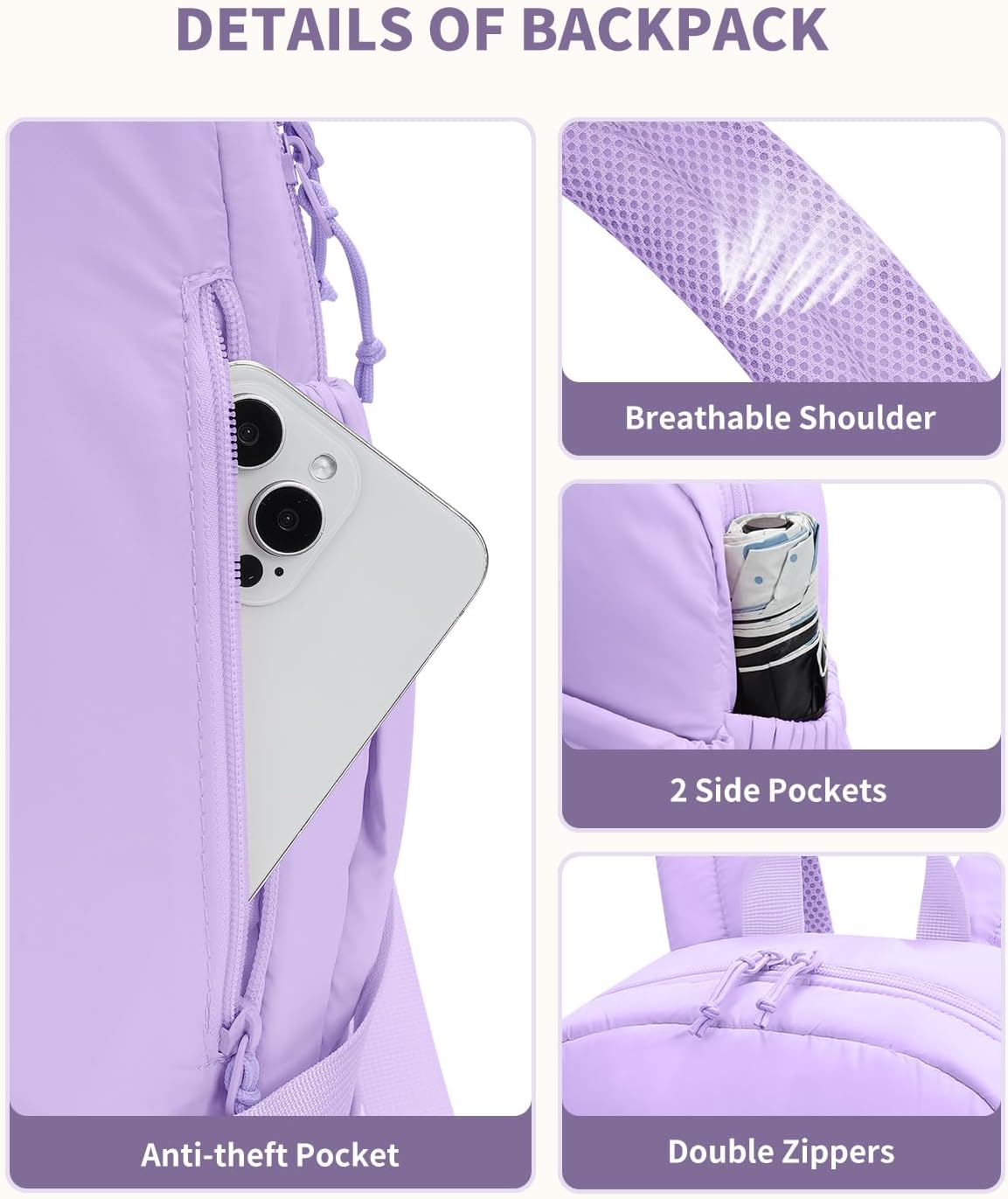 Ceneda Gym Backpack for Women, Lightweight Puffer Backpack with Shoe Compartment, Wet Pocket & Tumbler Strap, Cute Daypack for Fitness, Daily Use & Travel (Purple)